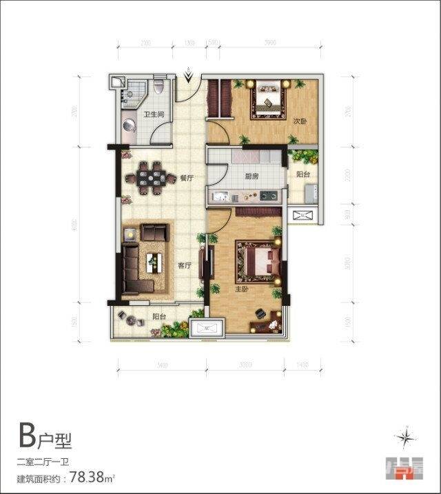 阳光100凤凰街2室2厅1卫78.4㎡户型图