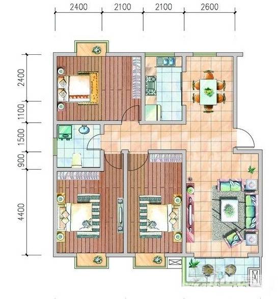 惠州口岸外商公寓3室2厅1卫74㎡户型图