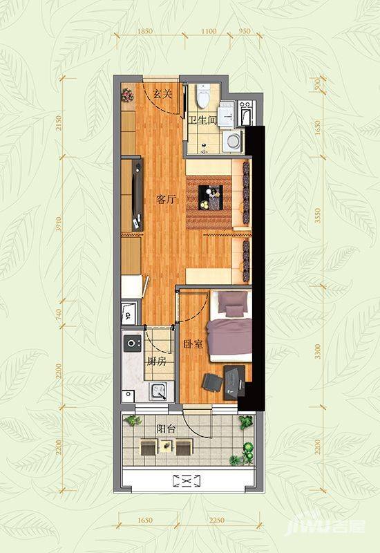 万科金地中山公园1室1厅1卫51㎡户型图