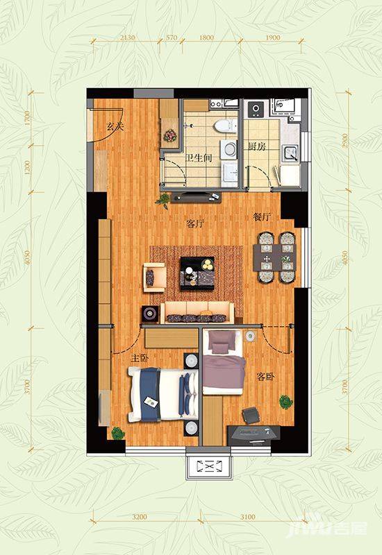 万科金地中山公园2室2厅1卫93㎡户型图