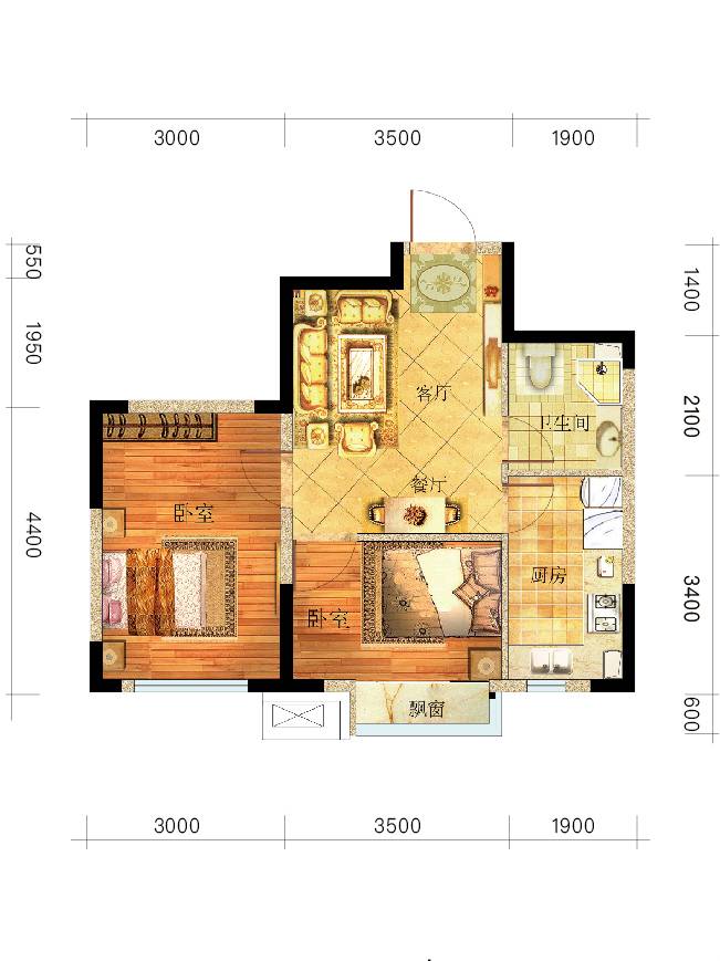 广厦绿园2室2厅1卫60.8㎡户型图