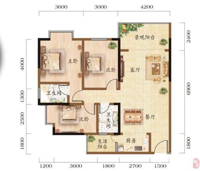 润翔星光城3室2厅2卫95㎡户型图