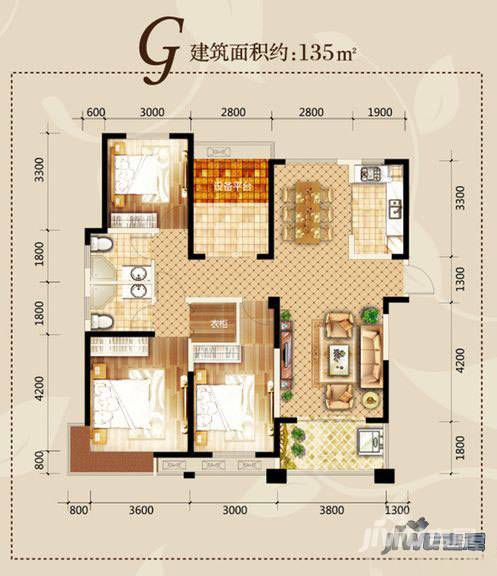 滨湖阳光里3室2厅2卫135㎡户型图