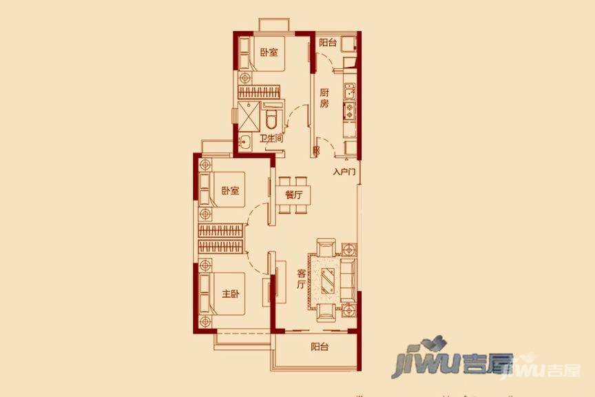 恒大绿洲3室2厅1卫107㎡户型图