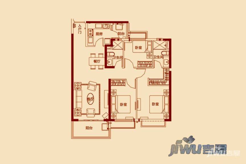 恒大绿洲3室2厅2卫117㎡户型图