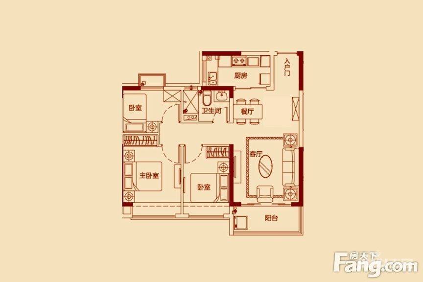 恒大绿洲3室2厅1卫88㎡户型图