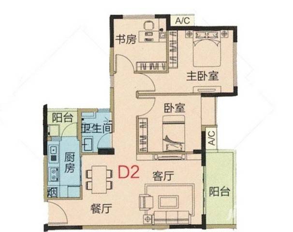 禾粤尚德居3室2厅1卫88.7㎡户型图