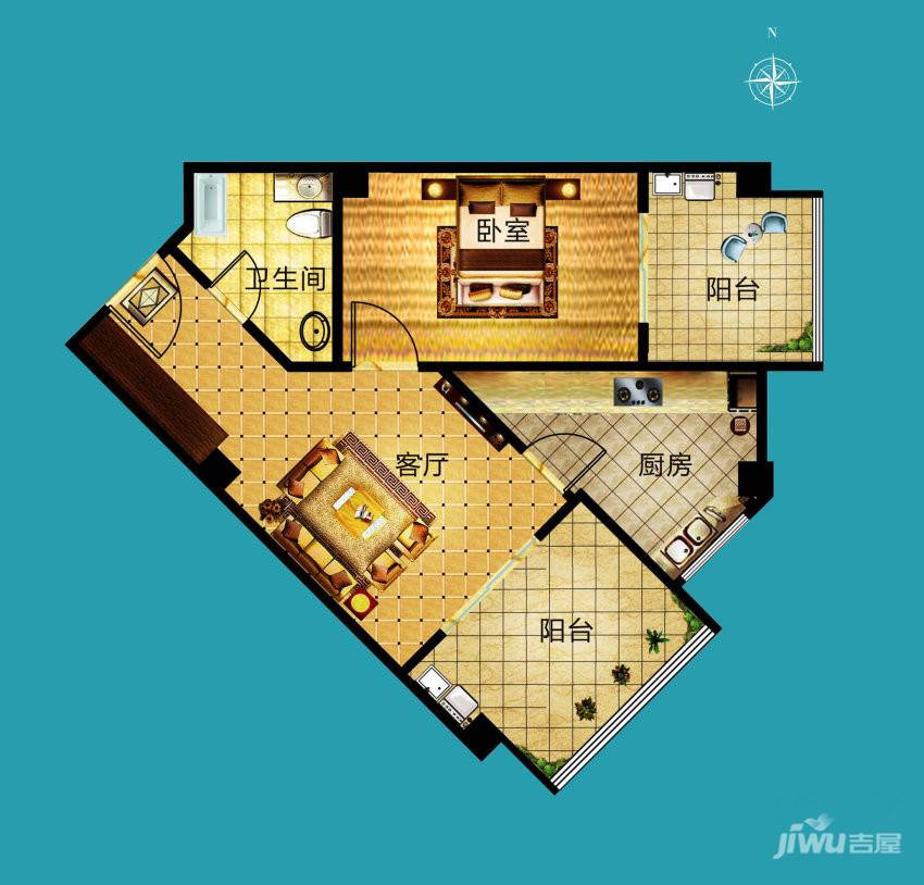 长庆坊玺岸1室2厅1卫63㎡户型图