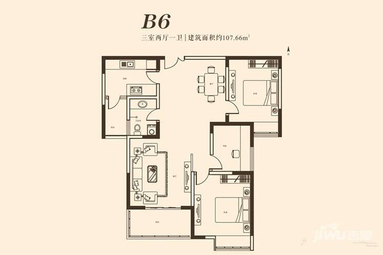 曲江诸子阶3室2厅1卫107.7㎡户型图