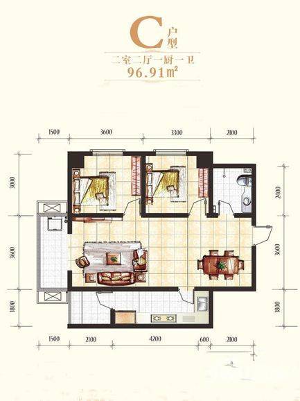 丰禾壹号2室2厅1卫96.9㎡户型图