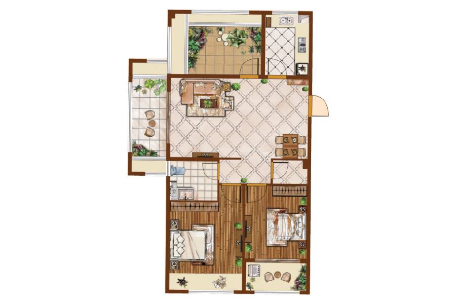 香榭里中心花园2室2厅1卫103.8㎡户型图