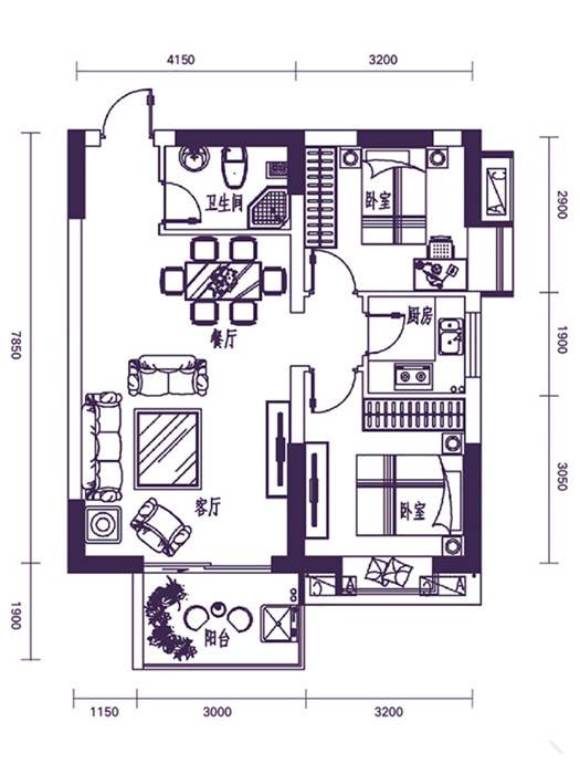 太乙城2室2厅1卫75.6㎡户型图