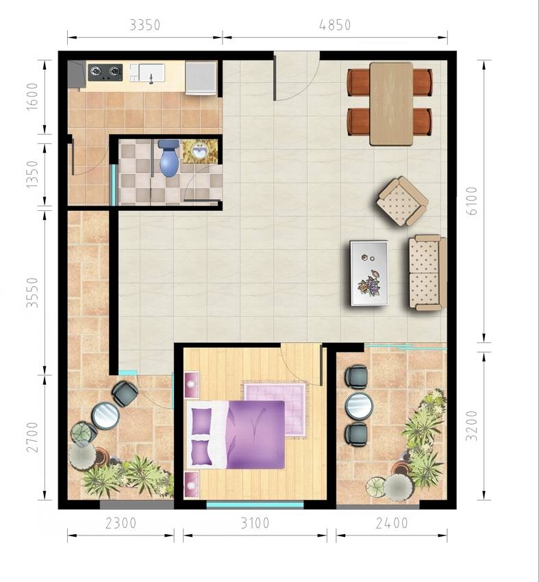 时代贸港1室2厅1卫52.7㎡户型图