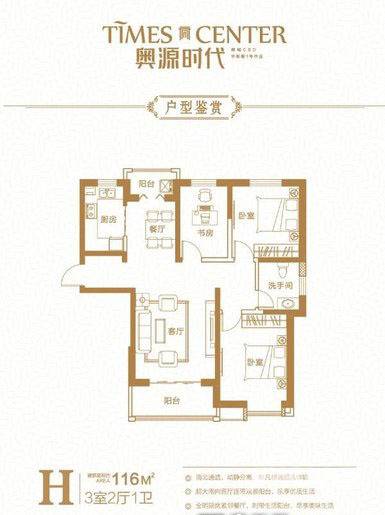 华新奥源时代3室2厅1卫116㎡户型图