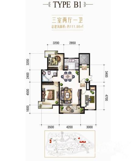 天一海尚阳光3室2厅1卫112㎡户型图