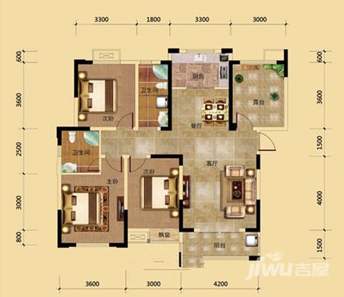 华泰汇景3室2厅2卫131.6㎡户型图