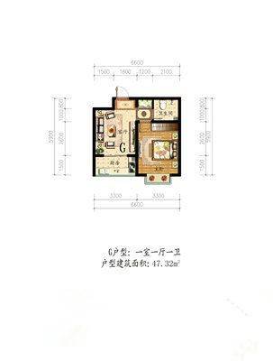 乾得龙双子苑1室1厅1卫47.3㎡户型图