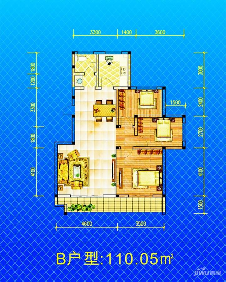 幸福海岸3室2厅1卫110㎡户型图