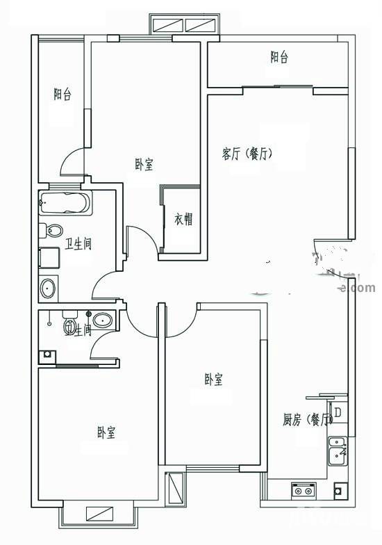 贵人国际一期紫荆城3室2厅2卫138.3㎡户型图