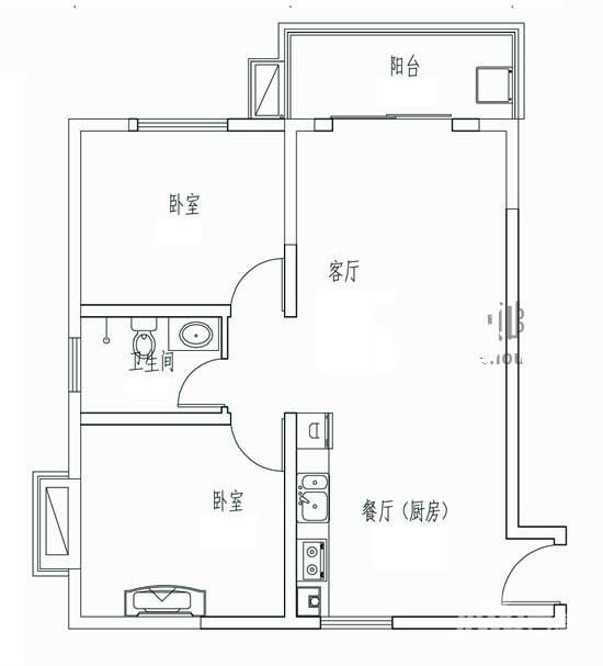 贵人国际一期紫荆城2室2厅1卫83.3㎡户型图