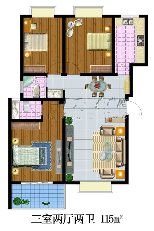 臻龙旺世3室2厅2卫115㎡户型图