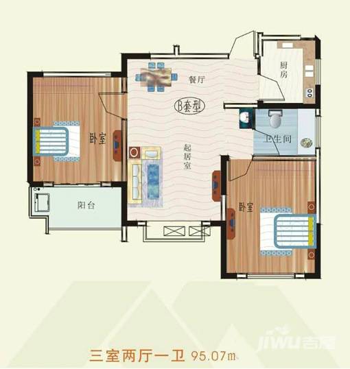 大洋世纪春城3室2厅1卫95.1㎡户型图