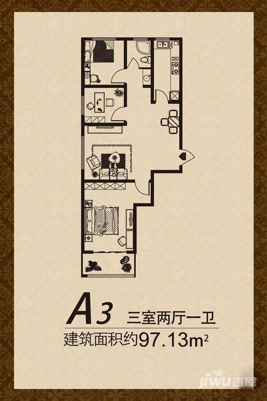 江城美地3室2厅1卫97.1㎡户型图