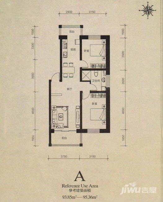 迎泽丽都2室2厅1卫93.8㎡户型图