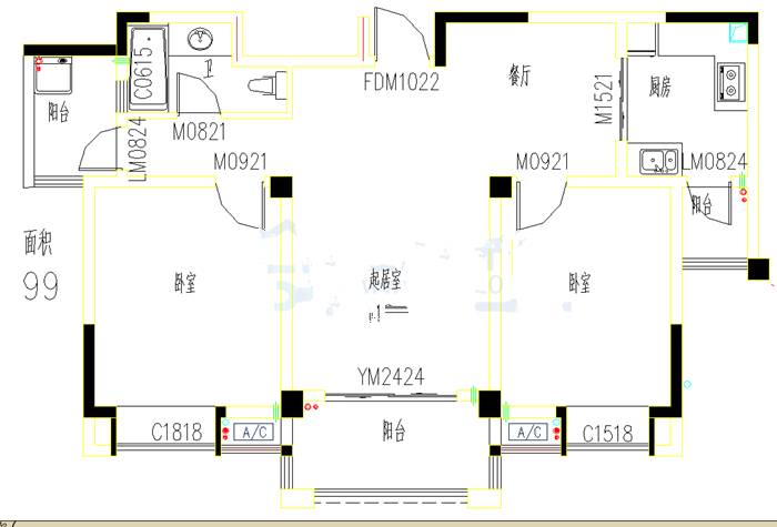 金水园2室2厅2卫99㎡户型图