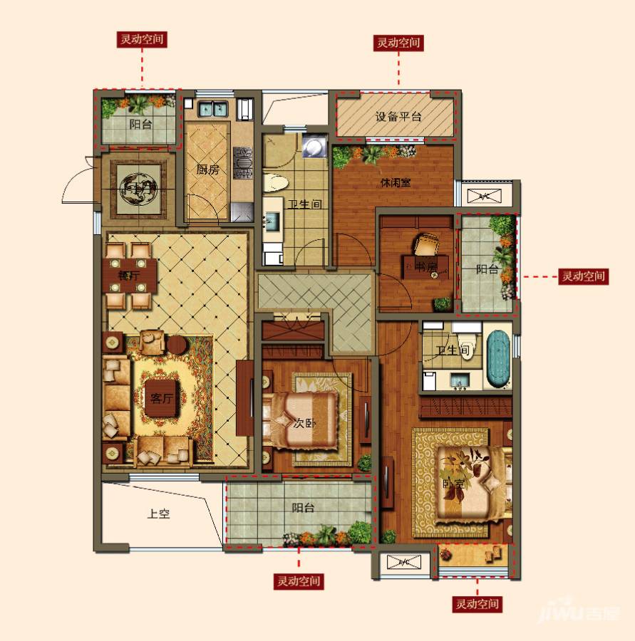 上虞万达广场4室2厅2卫125㎡户型图