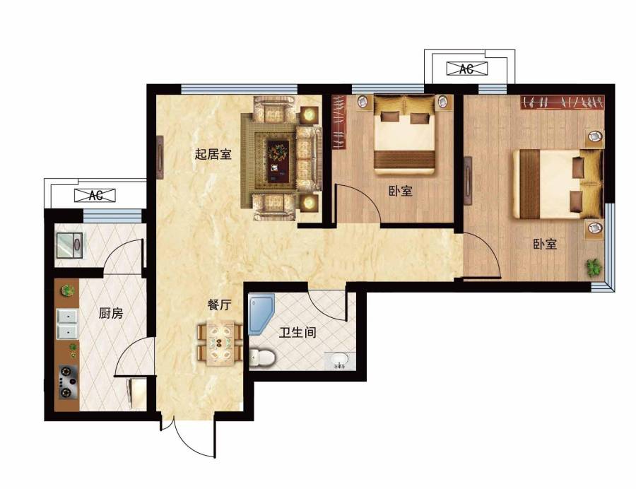 富力又一城2室2厅1卫71㎡户型图