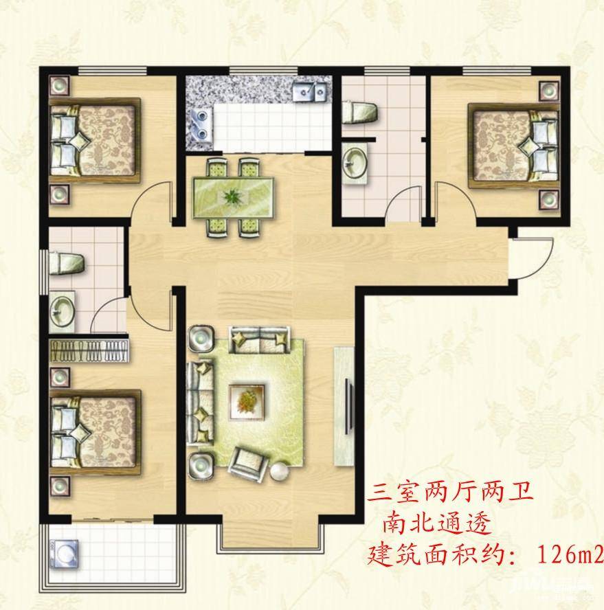 都府新城3室2厅2卫126㎡户型图