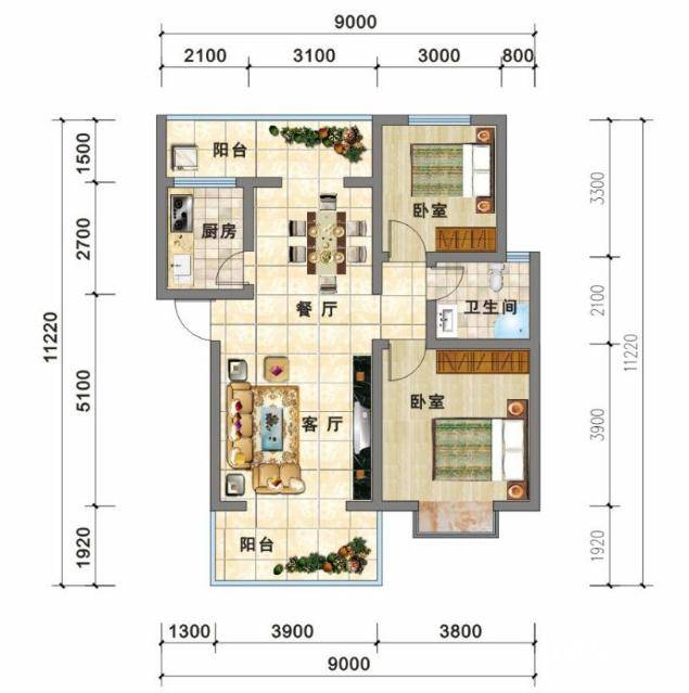 灏明园2室2厅1卫80.3㎡户型图