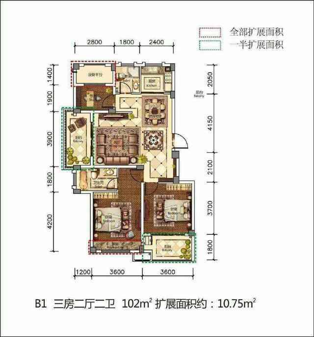 凤凰名邸3室2厅2卫102㎡户型图