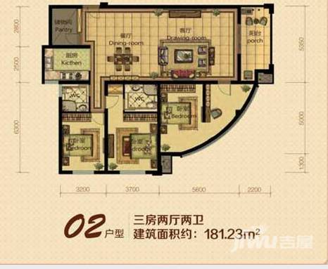 瓯江大厦3室2厅2卫128㎡户型图