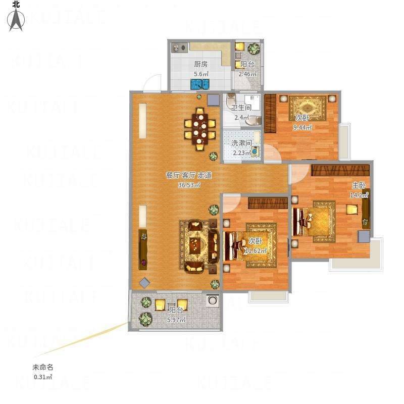 濮阳棕榈泉3室2厅1卫122㎡户型图