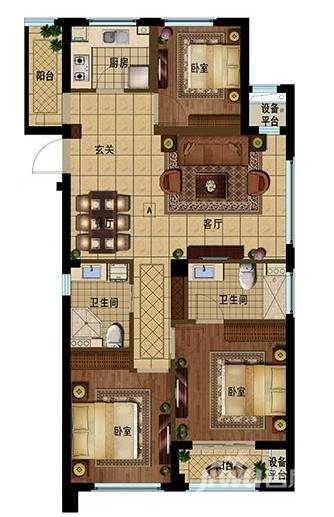 景瑞阳光城法兰公园3室2厅2卫107.6㎡户型图