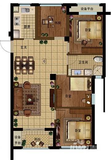 景瑞阳光城法兰公园4室2厅2卫105.9㎡户型图