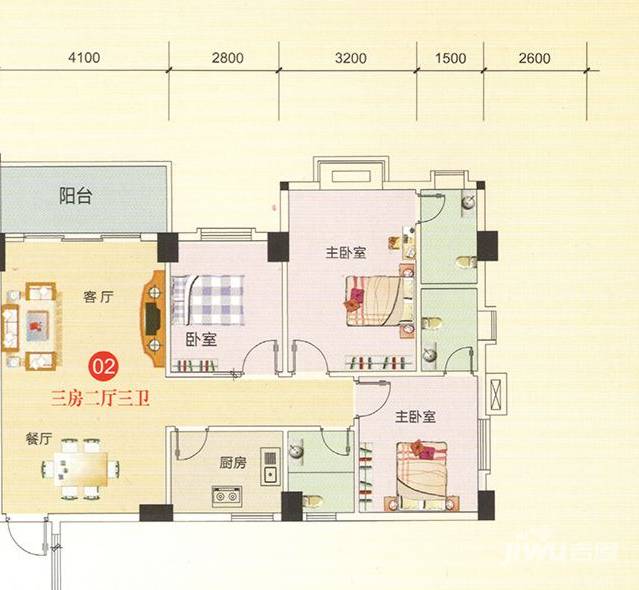 富达名城3室2厅3卫户型图