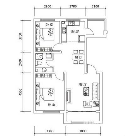 水岸雅居二期2室2厅1卫90.8㎡户型图