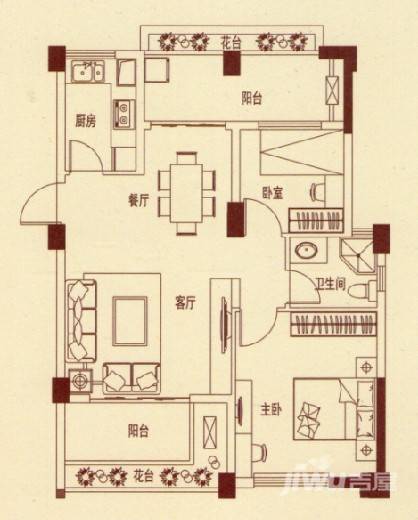 金茂体育公园一号2室2厅1卫88㎡户型图