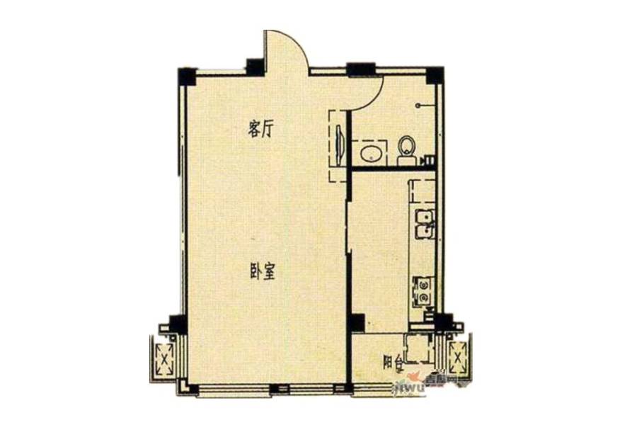 天海湾水城1室1厅1卫49.7㎡户型图