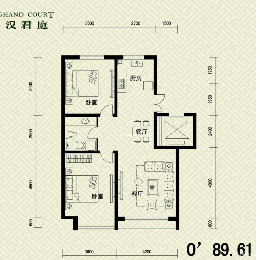 京汉君庭2室2厅1卫89.6㎡户型图