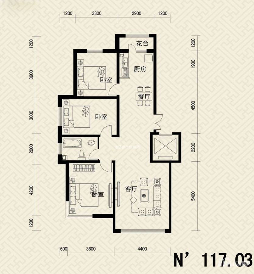 京汉君庭3室2厅1卫117㎡户型图