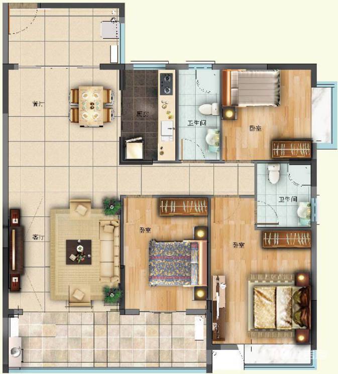 水岸花城3室2厅2卫124㎡户型图