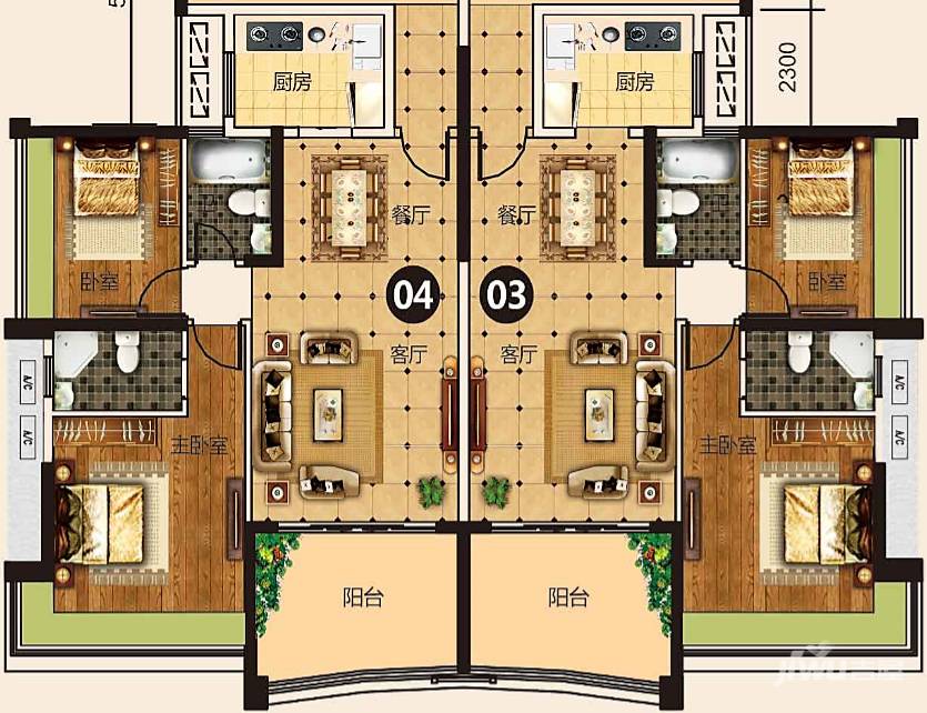 碧桂园豪布斯卡3室2厅2卫104.3㎡户型图