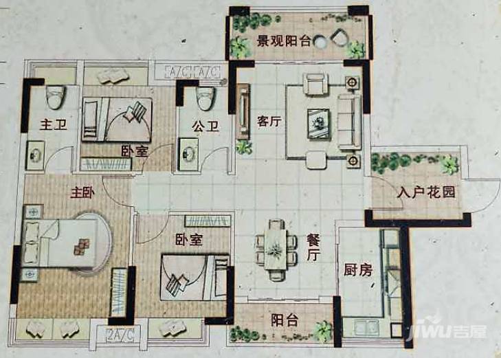 香江国际3室2厅2卫103.8㎡户型图