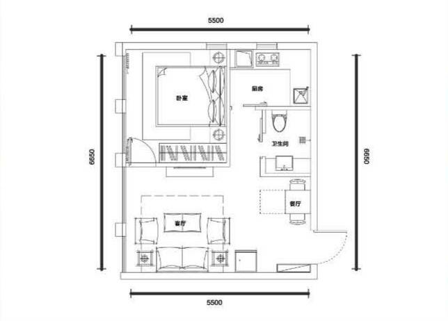 天宇万象国际1室2厅1卫50㎡户型图