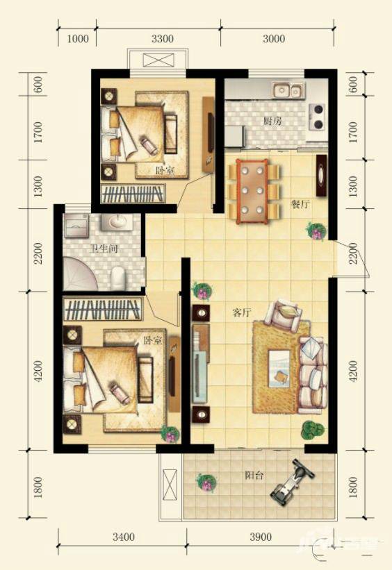 国鑫西城锦湖2室2厅1卫82㎡户型图