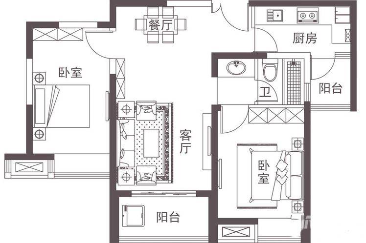 堰湾长堤2室2厅1卫79㎡户型图